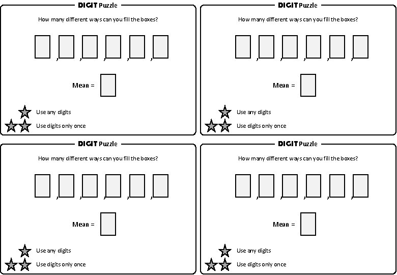 DIGIT Puzzle How many different ways can you fill the boxes? , , ,