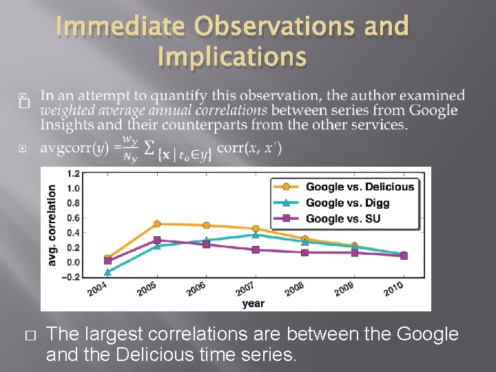 Immediate Observations and Implications � � The largest correlations are between the Google and