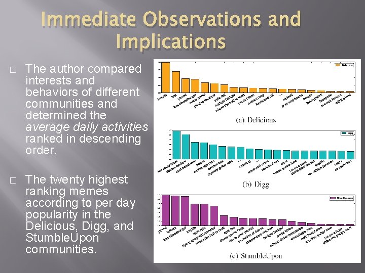 Immediate Observations and Implications � The author compared interests and behaviors of different communities