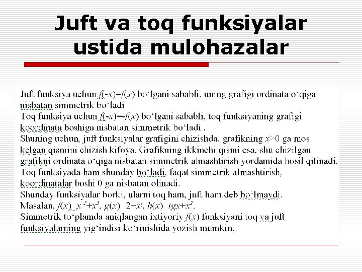 Juft va toq funksiyalar ustida mulohazalar 