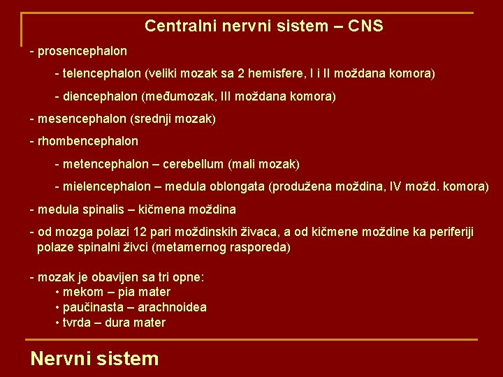 Centralni nervni sistem – CNS - prosencephalon - telencephalon (veliki mozak sa 2 hemisfere,