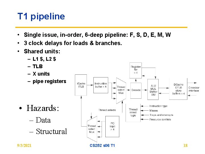 T 1 pipeline • Single issue, in-order, 6 -deep pipeline: F, S, D, E,