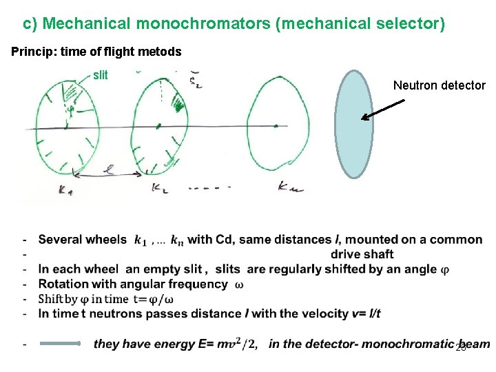 c) Mechanical monochromators (mechanical selector) Princip: time of flight metods slit Neutron detector 23