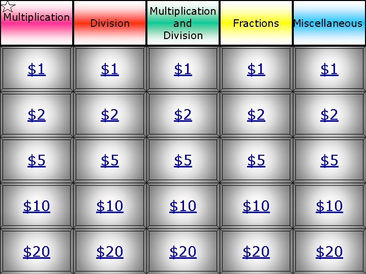 Division Multiplication and Division Fractions Miscellaneous $1 $1 $1 $2 $2 $2 $5 $5