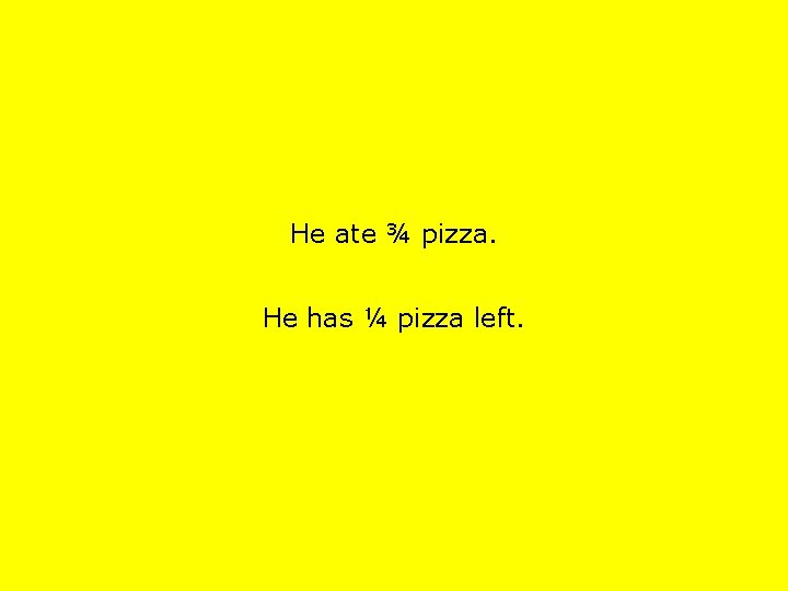 He ate ¾ pizza. He has ¼ pizza left. 