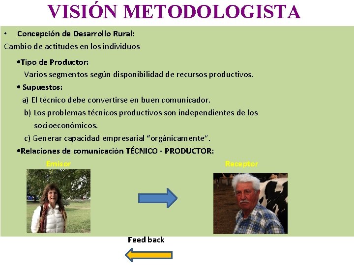 VISIÓN METODOLOGISTA • Concepción de Desarrollo Rural: Cambio de actitudes en los individuos •