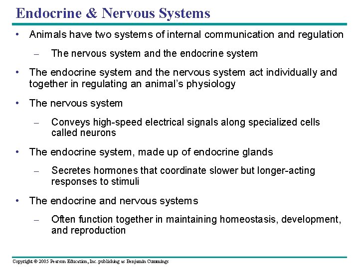 Endocrine & Nervous Systems • Animals have two systems of internal communication and regulation