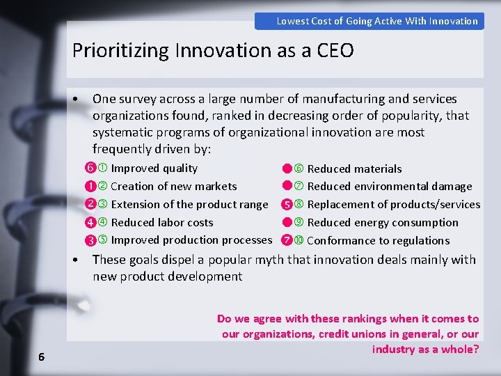 Lowest Cost of Going Active With Innovation Prioritizing Innovation as a CEO • One