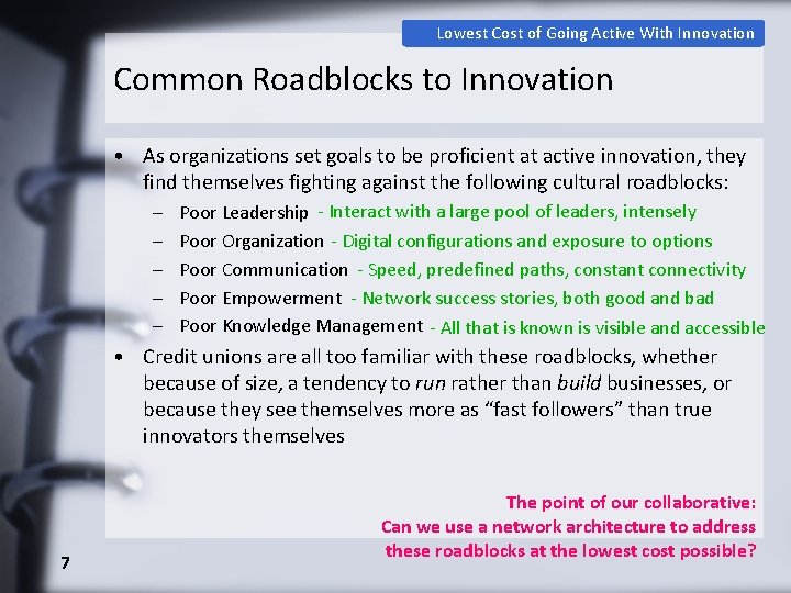 Lowest Cost of Going Active With Innovation Common Roadblocks to Innovation • As organizations