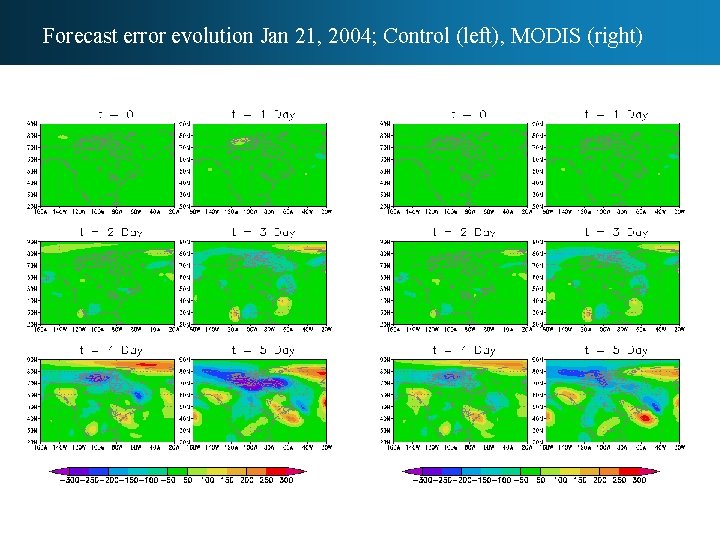 Forecast error evolution Jan 21, 2004; Control (left), MODIS (right) 