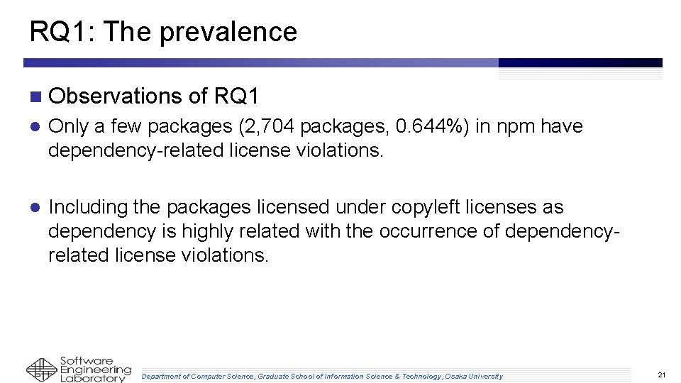 RQ 1: The prevalence n Observations of RQ 1 l Only a few packages RQ 1: The prevalence n Observations of RQ 1 l Only a few packages
