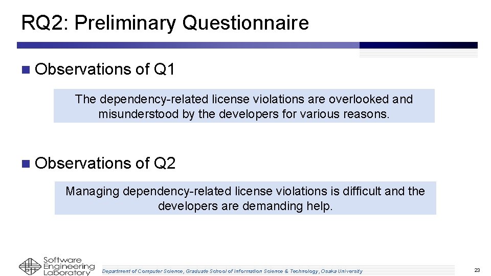 RQ 2: Preliminary Questionnaire n Observations of Q 1 The dependency-related license violations are RQ 2: Preliminary Questionnaire n Observations of Q 1 The dependency-related license violations are