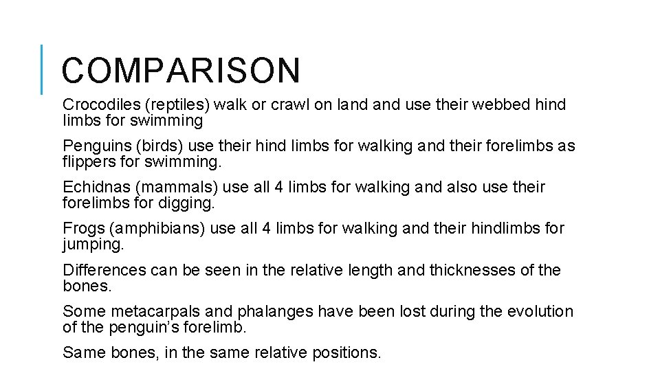 COMPARISON Crocodiles (reptiles) walk or crawl on land use their webbed hind limbs for