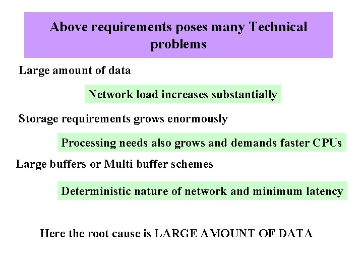 Above requirements poses many Technical problems Large amount of data Network load increases substantially