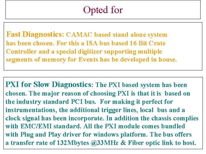 Opted for Fast Diagnostics: CAMAC based stand alone system has been chosen. For this