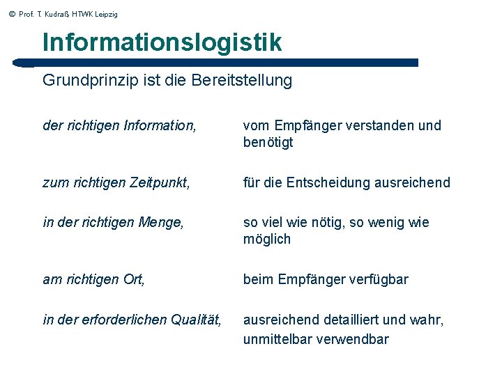 © Prof. T. Kudraß, HTWK Leipzig Informationslogistik Grundprinzip ist die Bereitstellung der richtigen Information,