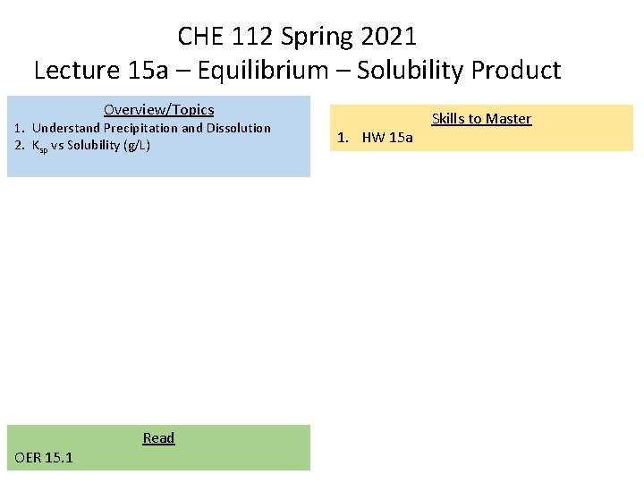 CHE 112 Spring 2021 Lecture 15 a – Equilibrium – Solubility Product Overview/Topics 1.