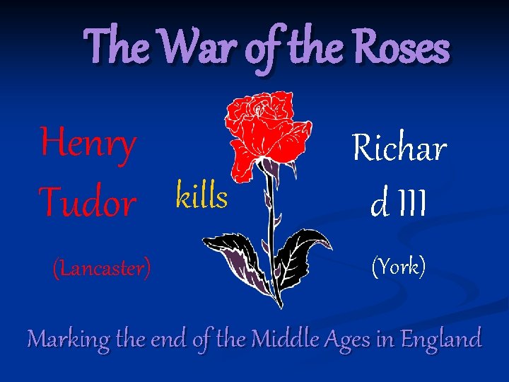 The War of the Roses Henry Tudor kills (Lancaster) Richar d III (York) Marking