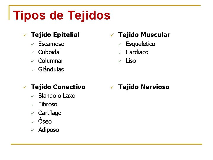 Tipos de Tejidos ü Tejido Epitelial ü ü ü Escamoso Cuboidal Columnar Glándulas Tejido