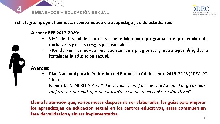 4 EMBARAZOS Y EDUCACIÓN SEXUAL Estrategia: Apoyo al bienestar socioafectivo y psicopedagógico de estudiantes.