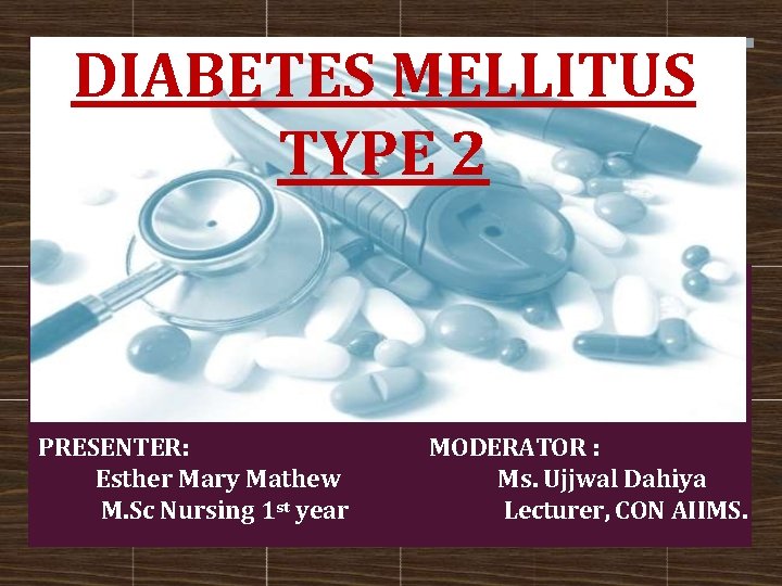 DIABETES MELLITUS TYPE 2 PRESENTER: Esther Mary Mathew M. Sc Nursing 1 st year
