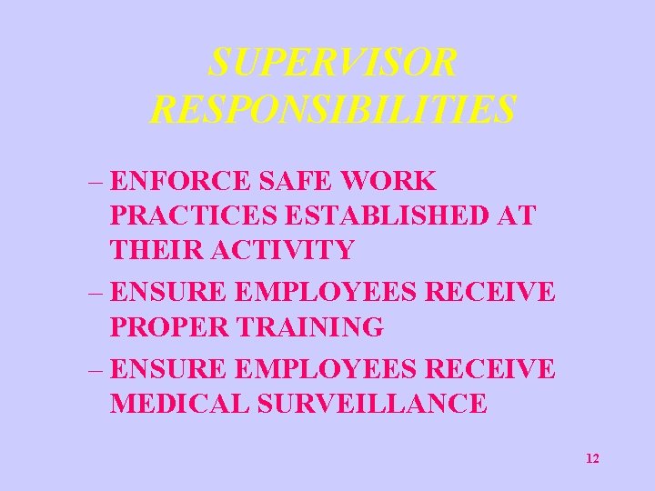 SUPERVISOR RESPONSIBILITIES – ENFORCE SAFE WORK PRACTICES ESTABLISHED AT THEIR ACTIVITY – ENSURE EMPLOYEES