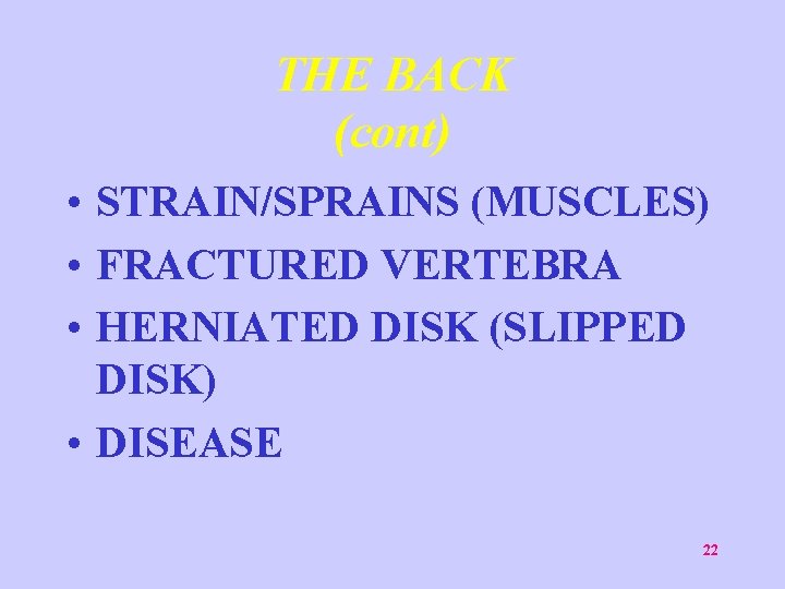 THE BACK (cont) • STRAIN/SPRAINS (MUSCLES) • FRACTURED VERTEBRA • HERNIATED DISK (SLIPPED DISK)
