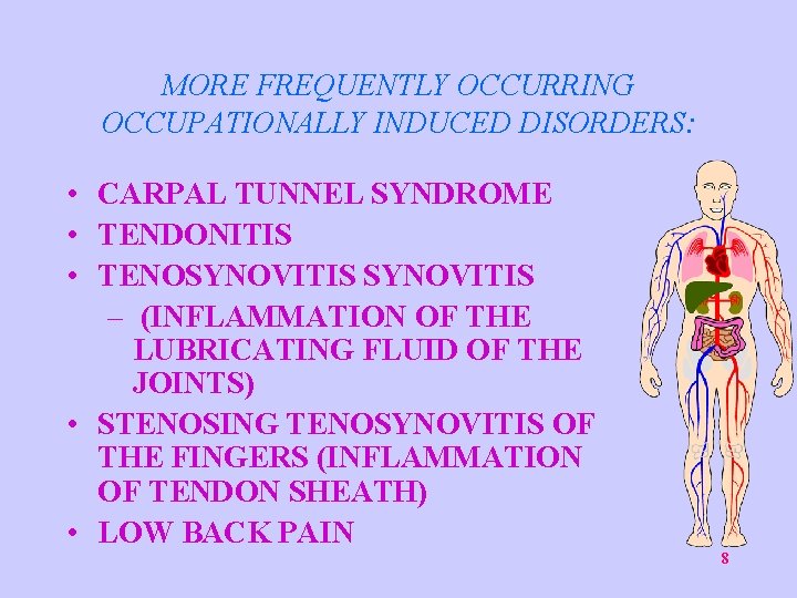 MORE FREQUENTLY OCCURRING OCCUPATIONALLY INDUCED DISORDERS: • CARPAL TUNNEL SYNDROME • TENDONITIS • TENOSYNOVITIS