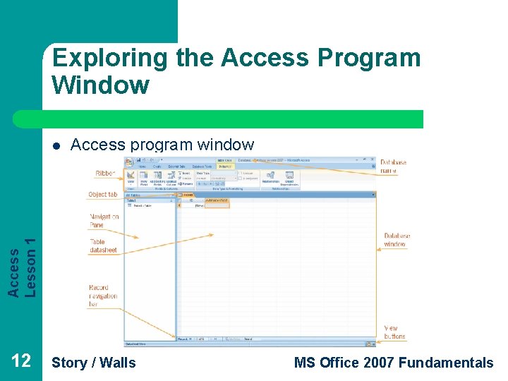 Exploring the Access Program Window Access program window Access Lesson 1 l 12 Story