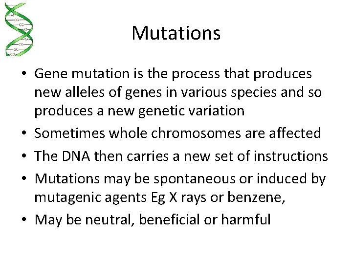 Mutations • Gene mutation is the process that produces new alleles of genes in