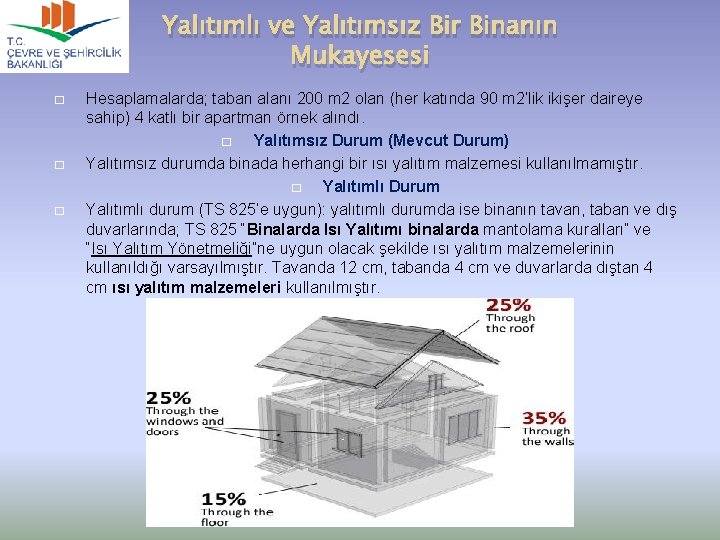 Yalıtımlı ve Yalıtımsız Bir Binanın Mukayesesi � � � Hesaplamalarda; taban alanı 200 m