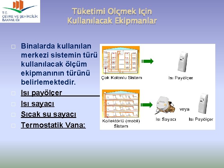 Tüketimi Ölçmek İçin Kullanılacak Ekipmanlar � � � Binalarda kullanılan merkezi sistemin türü kullanılacak