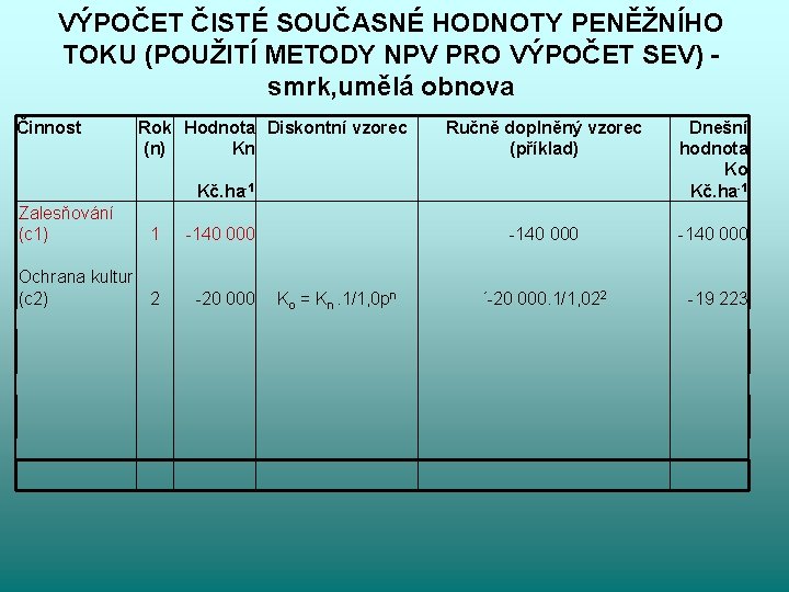 VÝPOČET ČISTÉ SOUČASNÉ HODNOTY PENĚŽNÍHO TOKU (POUŽITÍ METODY NPV PRO VÝPOČET SEV) smrk, umělá