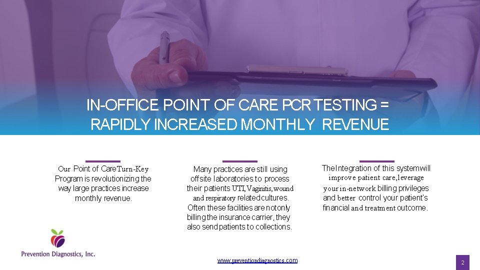 IN-OFFICE POINT OF CARE PCR TESTING = RAPIDLY INCREASED MONTHLY REVENUE Our Point of