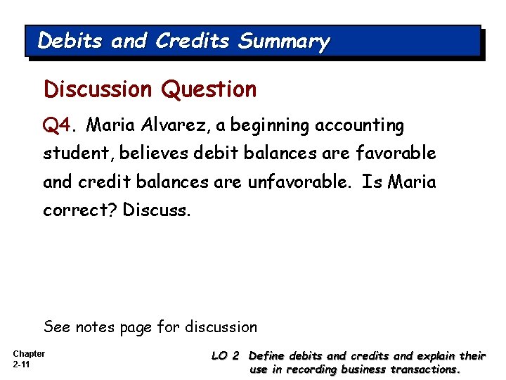 Debits and Credits Summary Discussion Question Q 4. Maria Alvarez, a beginning accounting student,