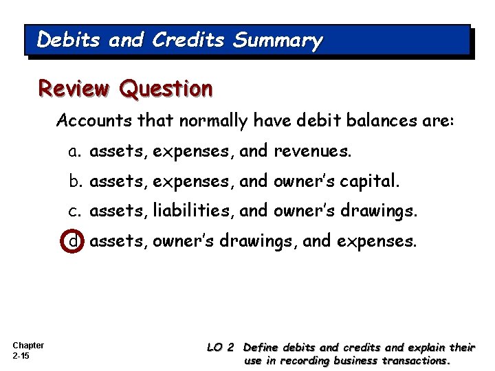 Debits and Credits Summary Review Question Accounts that normally have debit balances are: a.