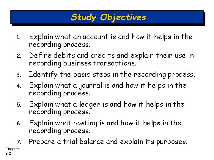 Study Objectives 1. Explain what an account is and how it helps in the