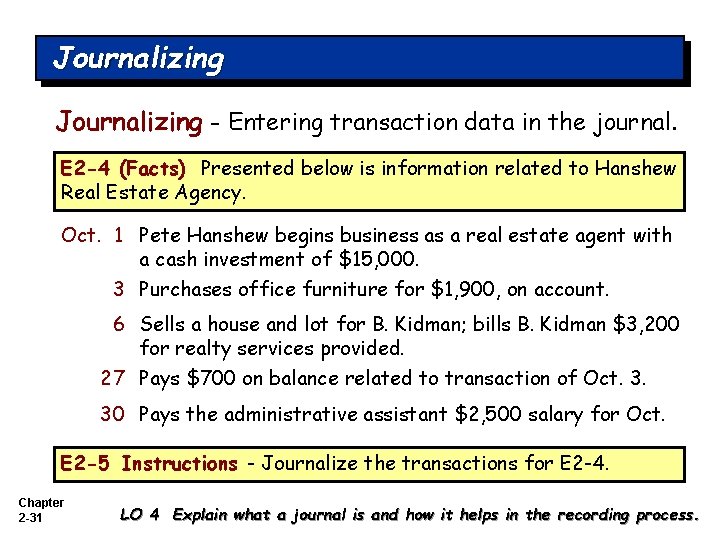 Journalizing - Entering transaction data in the journal. E 2 -4 (Facts) Presented below