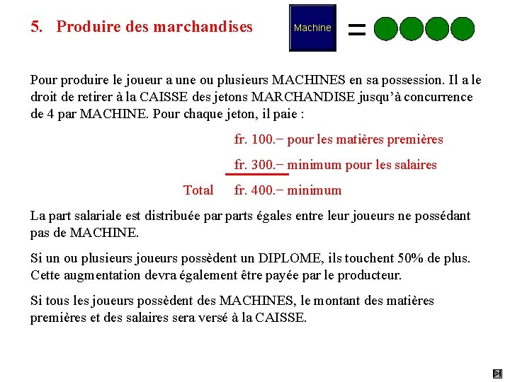 5. Produire des marchandises Machine Pour produire le joueur a une ou plusieurs MACHINES