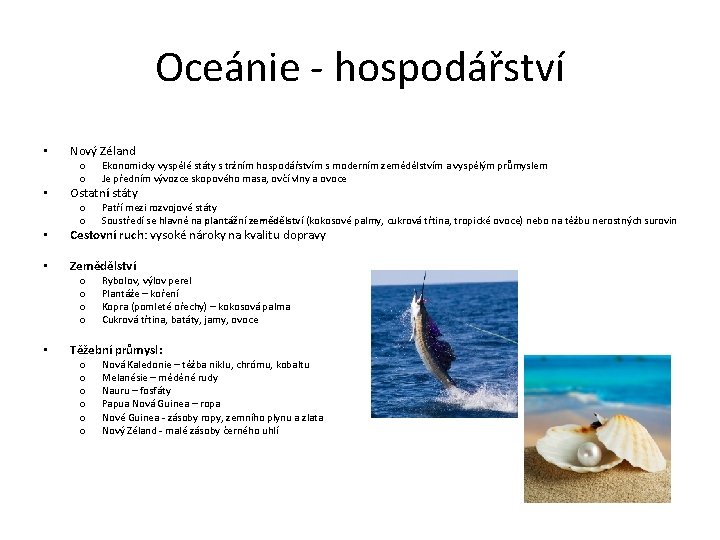 Oceánie - hospodářství • • Nový Zéland o o Ekonomicky vyspělé státy s tržním