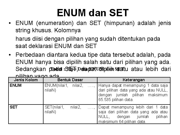 ENUM dan SET • ENUM (enumeration) dan SET (himpunan) adalah jenis string khusus. Kolomnya