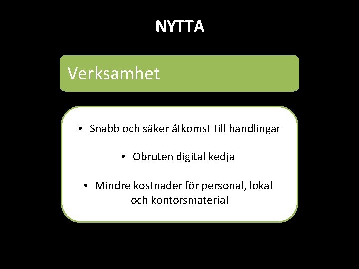 NYTTA Verksamhet • Snabb och säker åtkomst till handlingar • Obruten digital kedja •