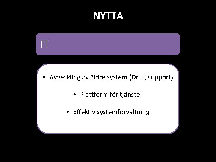 NYTTA IT • Avveckling av äldre system (Drift, support) • Plattform för tjänster •