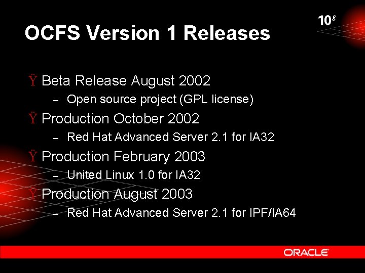 OCFS Version 1 Releases Ÿ Beta Release August 2002 – Open source project (GPL