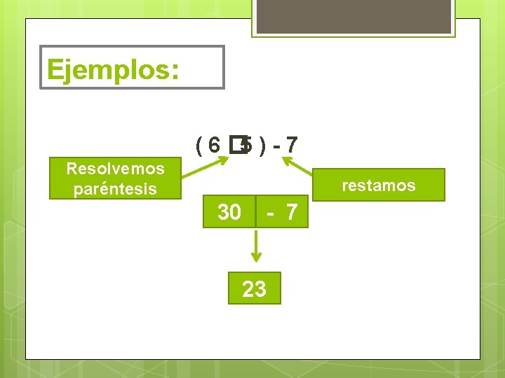 Ejemplos: ( 6 � 5 ) - 7 Resolvemos paréntesis restamos 30 - 7