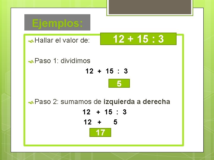 Ejemplos: Hallar Paso 12 + 15 : 3 el valor de: 1: dividimos 12