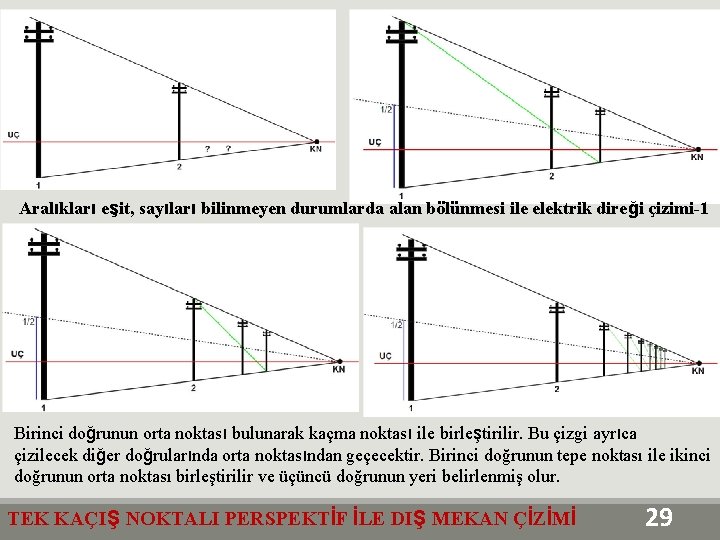 Aralıkları eşit, sayıları bilinmeyen durumlarda alan bölünmesi ile elektrik direği çizimi-1 Birinci doğrunun orta