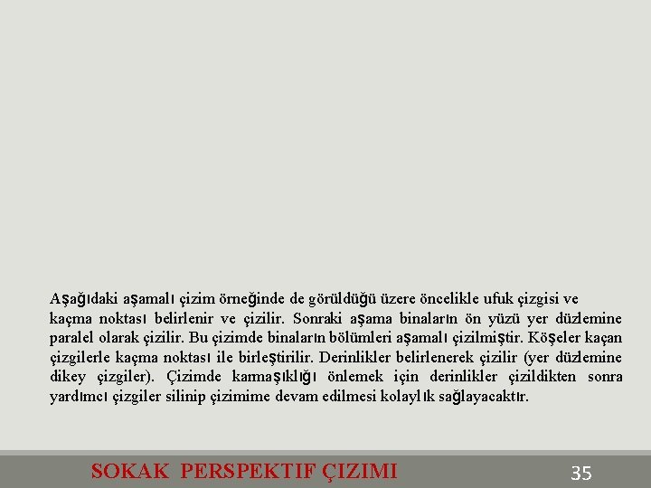 Aşağıdaki aşamalı çizim örneğinde de görüldüğü üzere öncelikle ufuk çizgisi ve kaçma noktası belirlenir