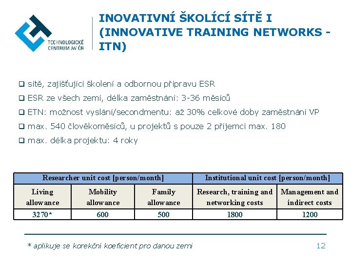 INOVATIVNÍ ŠKOLÍCÍ SÍTĚ I (INNOVATIVE TRAINING NETWORKS ITN) q sítě, zajišťující školení a odbornou