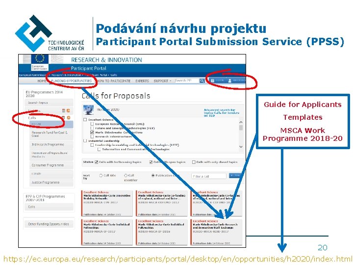 Podávání návrhu projektu Participant Portal Submission Service (PPSS) Guide for Applicants Templates MSCA Work